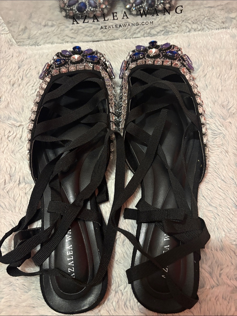 Azalea Wang Black Jeweled Lace-Up Flats